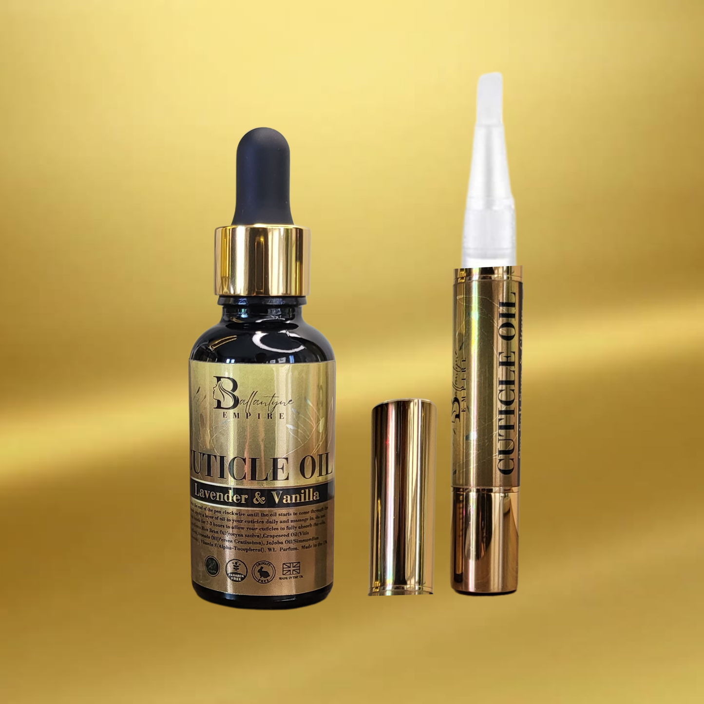 Cuticle oil dropper bottle and Cuticle pen in Lavender and Vanilla