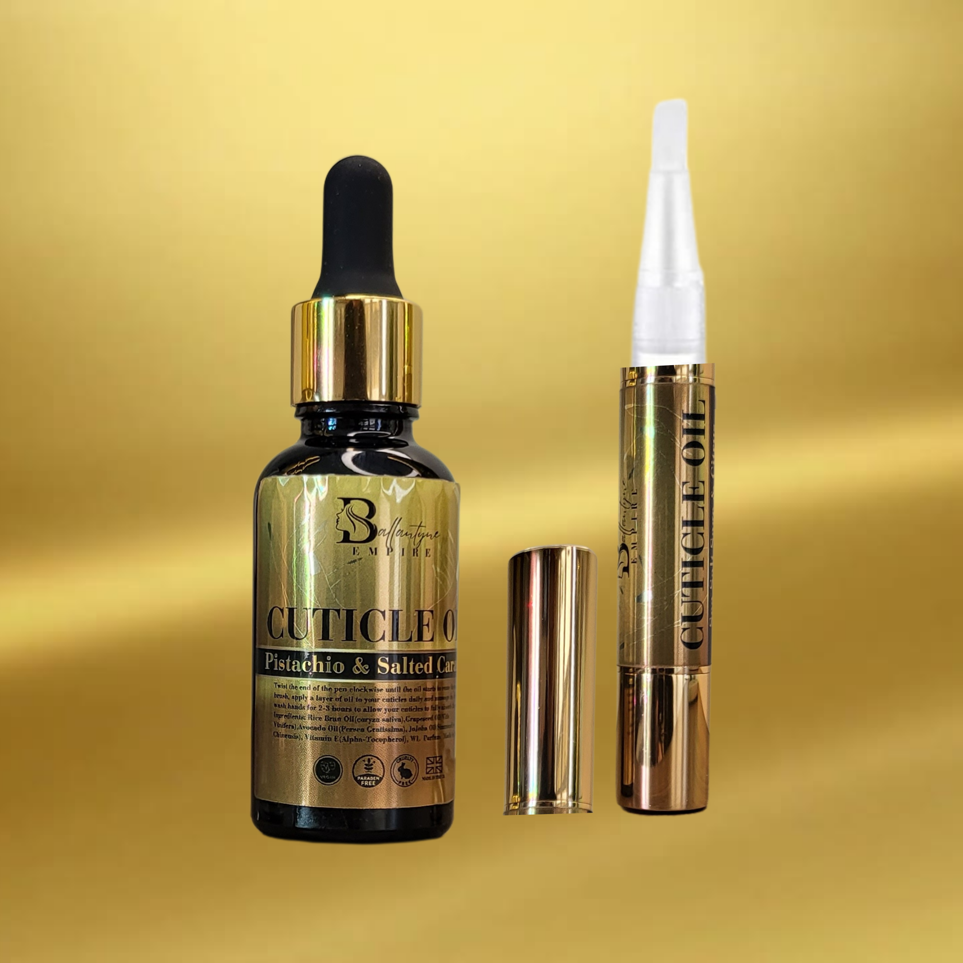 Cuticle oil dropper bottle and Cuticle pen in Pistachio and Salted Caramel 